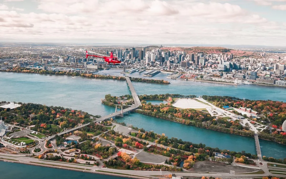 The Old Port of Montreal seen from above, with the St Lawrence River beyond it