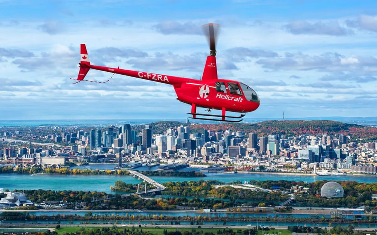 The Montreal skyline seen from a helicopter above the St Lawrence
